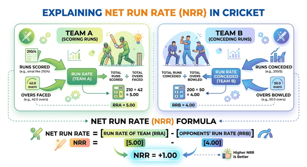 Simple diagram explaining how net run rate is calculated in cricket